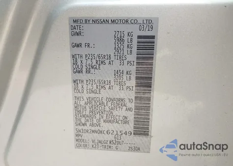 2019 Nissan Pathfinder Sl from USA, damaged, VIN 5N1DR2MN0KC621549